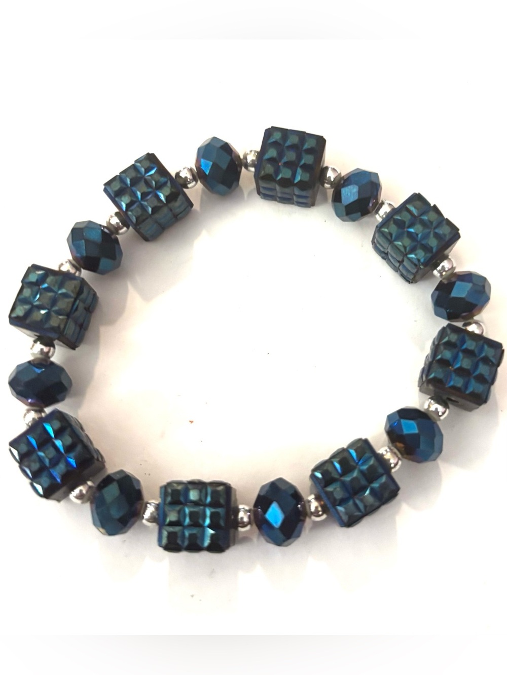 Faceted Blue Cube & Round Bead Stretch Bracelet